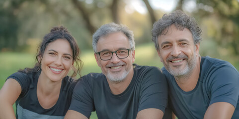 Middle aged adults enjoy outdoor fitness time with energetic wellness motivation and natural smiles in a healthy relaxed atmosphere.