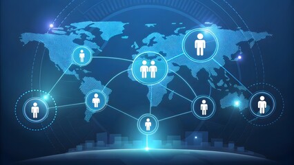 Global digital network connecting people across a glowing blue world map representing international business communication, social media, and worldwide connectivity concept