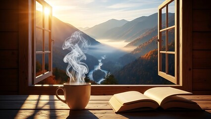 Steaming coffee and open book by a cabin window overlooking misty mountains at sunrise