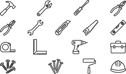 Construction tools line icon set, hammer wrench screwdriver pliers drill safety equipment symbols, repair workshop outline vector collection for builders