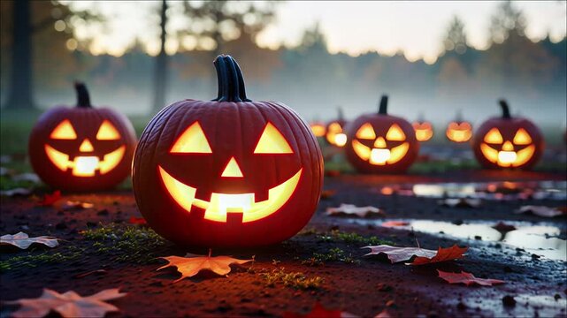 Glowing carved Halloween pumpkins line a foggy wet autumnal outdoor path with tree reflections