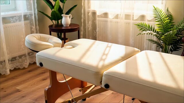 Cream colored portable massage table setup near natural light plants and antique chair