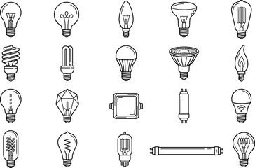 Light bulb line icon set, LED halogen filament energy saving lamp types, electric lighting outline vector collection for design projects © Wajkuruni