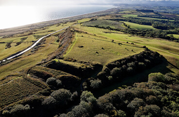 West over Abbotsbury Castle Iron Age hillfort on Wears Hill near Dorchester, Dorset overlooking English Channel. Stronghold of Durotriges tribe