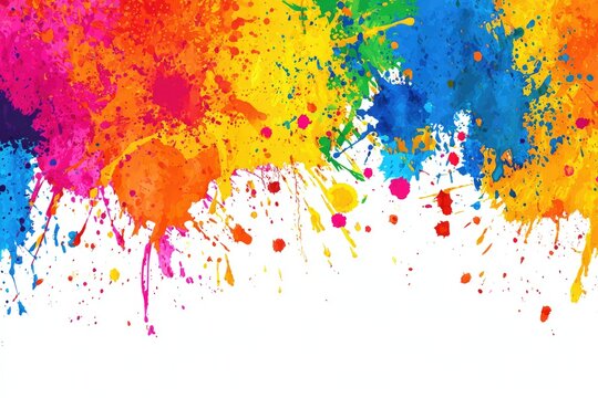 Vibrant splash of colorful paint splotches & splatters across a white space