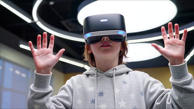 Child wearing virtual reality headset interacting with digital environment raising hands under bright lights
