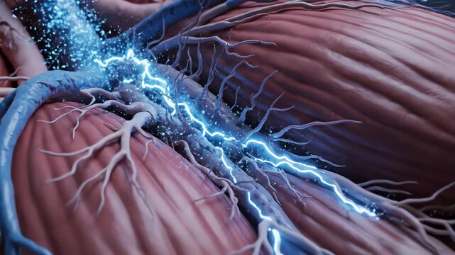 Pain signals traveling from muscle fibers to nearby nerve endings. After painkiller activation, a descending wave of cool blue neurotransmitter modulation appears, interrupting excessive firing