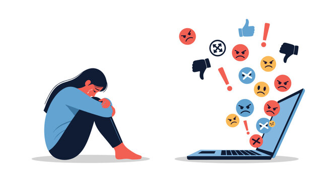 A person suffering emotional pain and distress from cyberbullying, with hateful online comments and negative reactions emanating from a laptop.