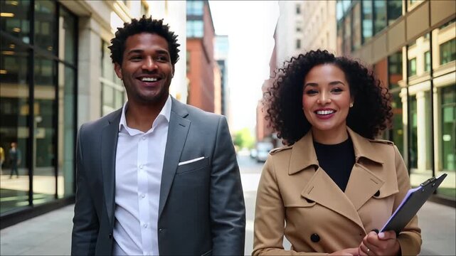 Smiling diverse business professionals walking together down a sunny city sidewalk lined with modern buildings