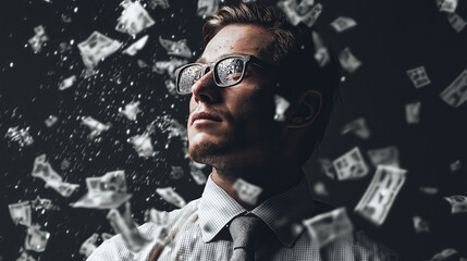 Confident businessman wearing glasses standing among floating money bills, dramatic financial success concept