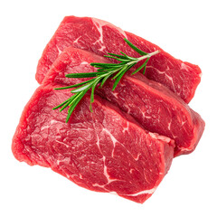 Delectable Cuts of Steak with Rosemary: A tempting display of prime, raw steak cuts, expertly arranged and garnished with a sprig of fresh rosemary, presenting a culinary delight