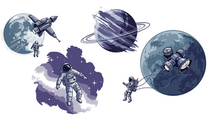 Astronauts Floating in Space Near Planets and Spaceships Vector Illustration © AgnaPutri