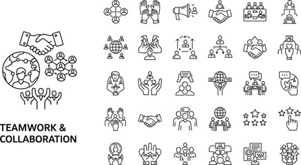Teamwork and collaboration line art icons, business communication illustration set, leadership and group cooperation symbols, global team support and partnership