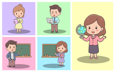 A set of cute handdrawn style illustrations featuring teacher character in different activities. The illustrations include a teacher holding a book, a teacher with a laptop, teacher with globe and two
