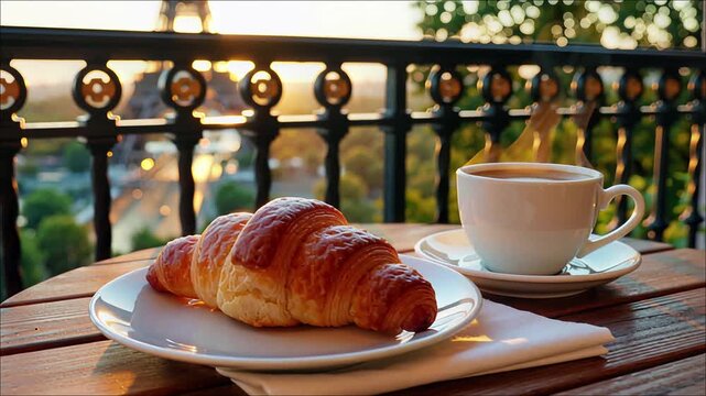 Morning coffee and croissant on a wooden balcony overlooking Paris with the Eiffel Tower at sunrise