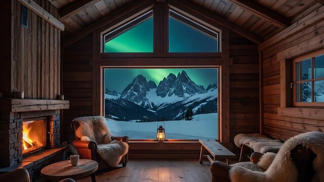 Cozy wooden mountain cabin interior with fireplace and view of aurora borealis over snowy peaks - Powered by Adobe