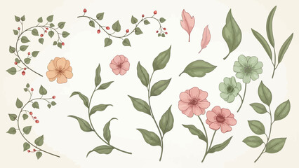 Elegant Botanical Elements: Watercolor Flowers, Leaves, and Vines for Design Projects