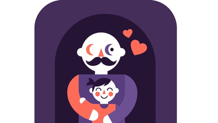 Minimalist Vector Illustration of Father Hugging Child with Hearts Celebrating Family Love