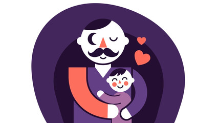 Father Hugging His Baby With Love Hearts, Minimalist Vector Illustration