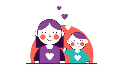 Loving Mother and Child with Hearts Floating Above, Modern Flat Illustration