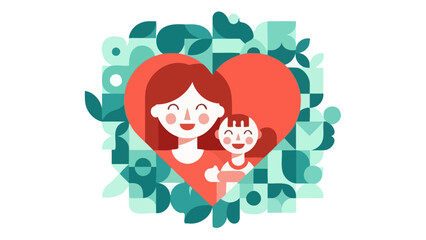 Happy Mother and Child Embracing Inside a Heart with Floral Abstract Background