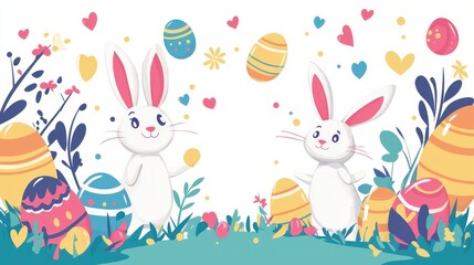 Vibrant flat vector Easter celebration scene featuring dynamic shapes, colorful eggs
