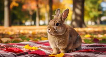 Small brown rabbit sits attentively on a patterned blanket amidst vibrant autumn foliage in a park setting