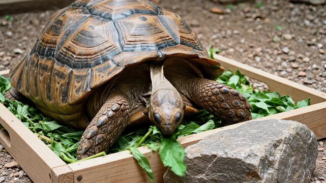 Close-up of a large tortoise enjoying a meal of fresh green leaves in a wooden tray.