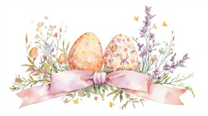 Vintage watercolor Easter card with old-fashioned pastel tones, classic ribbon and floral ornaments