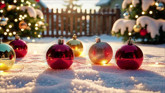 Several shiny Christmas ornaments resting on bright white snow near a festive illuminated tree