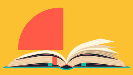Open Book with Red Geometric Shape Graphic Design on Yellow Background