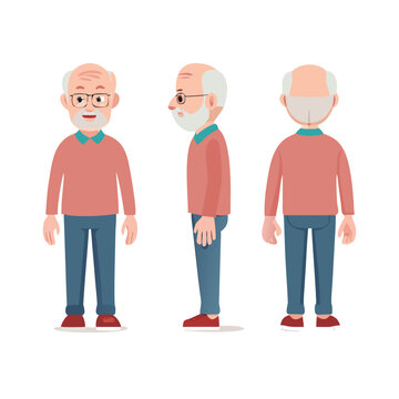 elderly man. character constructor for animation. front, side and back view set. body parts, postures, poses collection. illustration design.