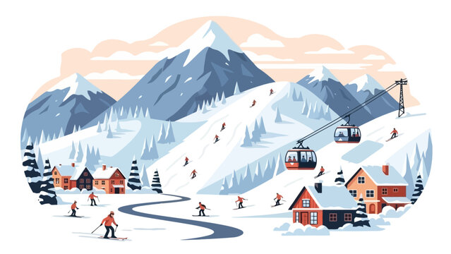 Winter ski resort village with cable cars and skiers on snowy mountains
