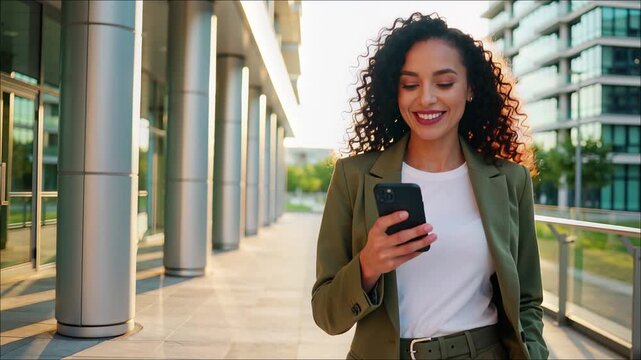 Smiling professional woman with curly hair uses smartphone while walking past modern building columns at sunset