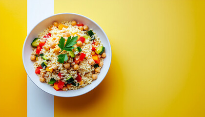 top-down view of a mediterranean-style dish with couscous, vegEtables, and chickpeas