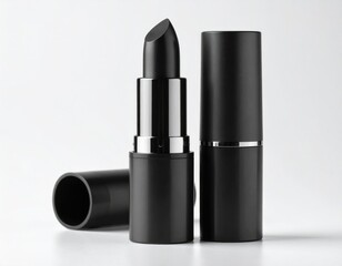Obraz premium Black Lipstick Tube with Silver Ring on White Background Minimal Cosmetic
