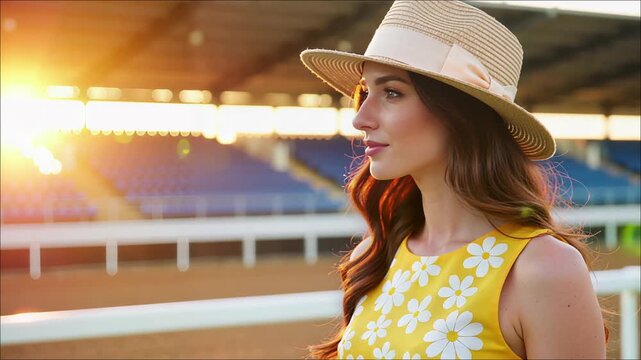 Young woman in straw hat and yellow daisy print dress watches event at outdoor racetrack grandstand
