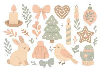 Soft Pastel Cozy Christmas Vector Set. Adorable Hand-Drawn Holiday Clip Art Collection with Bunny, Bird, Mitten, Christmas Tree, Candle, and Ribbons.