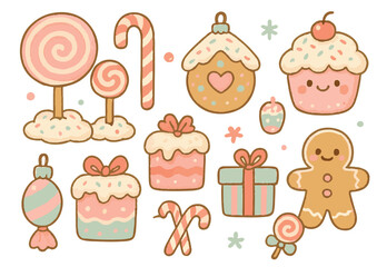 Kawaii Candy Christmas Wonderland Vector Set. Cute Hand-Drawn Holiday Clip Art Collection with Gingerbread Man, Lollipop Trees, Sweet Ornaments, and Pastel Gifts.