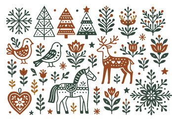 Scandinavian Christmas Folk Art Set. Nordic Winter Holidays Clip Art Collection with Reindeer, Dala Horse, Birds, and Snowflakes.