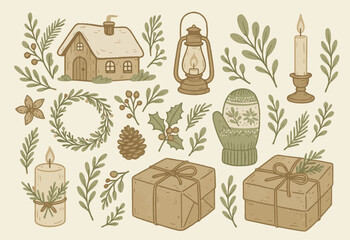 Scandinavian Folk Art Christmas Vector Pack - Traditional Nordic Holiday Clipart with Reindeer, Bird, Trees, and Snowflakes