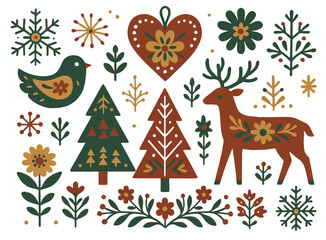 Scandinavian Folk Art Christmas Vector Pack - Hygge Holiday Clipart Set with Reindeer, Bird, Trees, Flowers, and Snowflakes