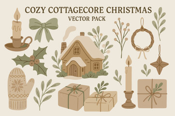 Cozy Cottagecore Christmas Vector Pack - Winter Holiday Hygge Clipart Set with Mitten, Candles, Wreath, and Cabin