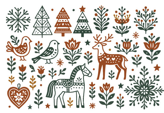 Scandinavian Christmas Folk Art Set. Nordic Winter Holidays Clip Art Collection with Reindeer, Dala Horse, Birds, and Snowflakes.