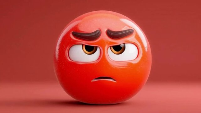 A 3D rendered cartoon red angry face with furrowed brows and a grumpy expression on a matching red background.