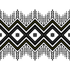  A symmetric geometric border pattern featuring repeating diamond shapes with inner floral motifs, black and white color palette with subtle yellow accent lines. Decorat
