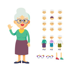 Grandmother character constructor for animation with parts set. Customized people collection with elderly woman poses, facial expressions heads with glasses, gesturing arms, more. Vector ... See More