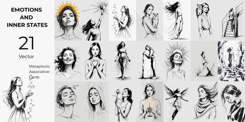 Emotions and Inner States &ndash; Vector Metaphoric Associative Cards Collection (21 illustrations)