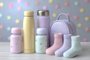 Adorable pastel colored baby items including socks bottles and a backpack arranged against a soft star patterned background