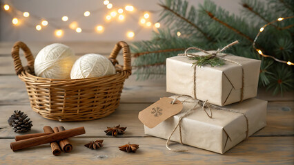 Cozy christmas scene with a wicker basket of white yarn, rustic gift boxes, natural spices, pine cones, and warm fairy lights, creating a festive mood